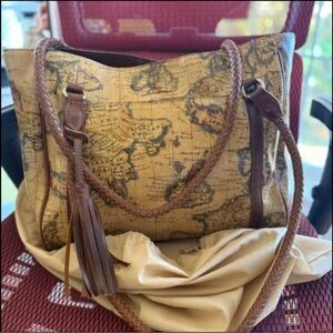 Patricia Nash European Map Cameley Tote with a brown leather trim